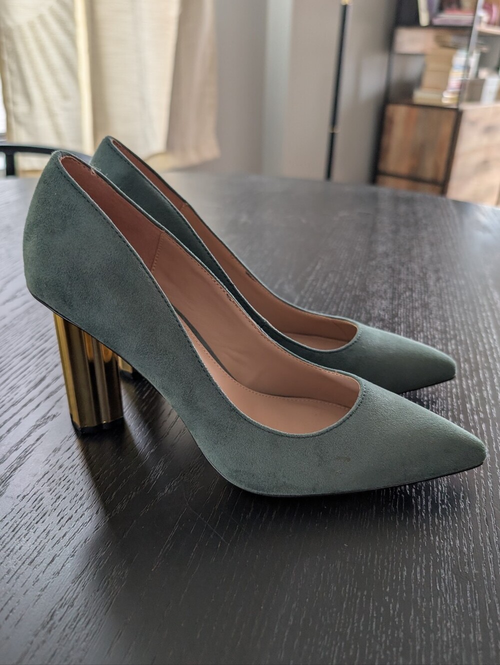 Katy Perry Collections Sage Green Suede Pumps with Gold Cylindrical Heel - Picture 2 of 5